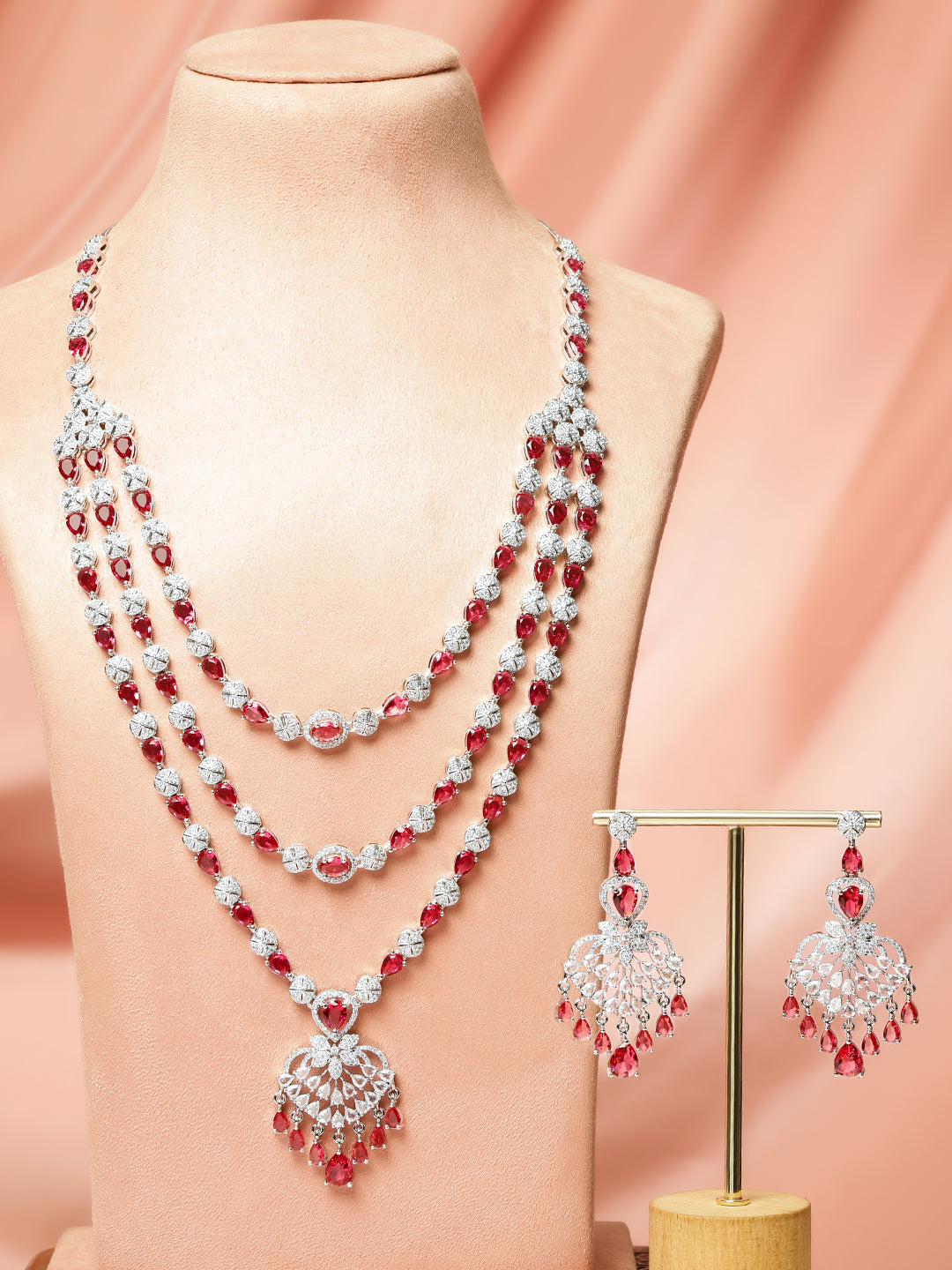 American Diamond Zirconia Red Layered Necklace Set フリーサイズ