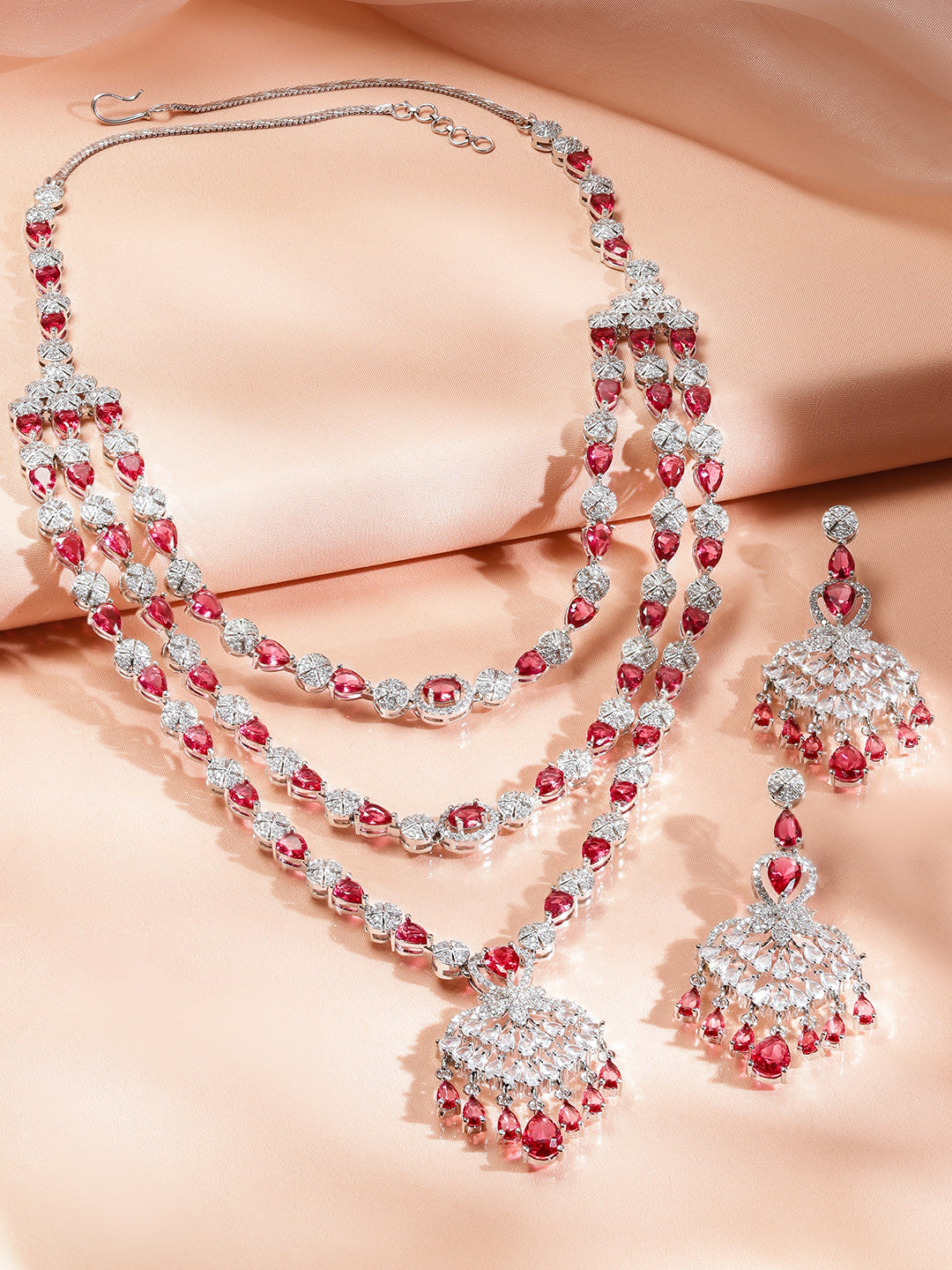 American Diamond Zirconia Red Layered Necklace Set フリーサイズ