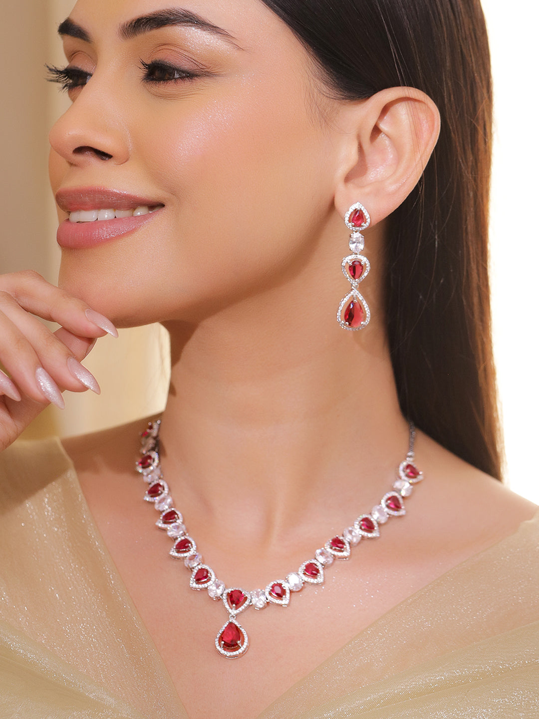 Ruby Drops American Diamond Zirconia Necklace Set フリーサイズ