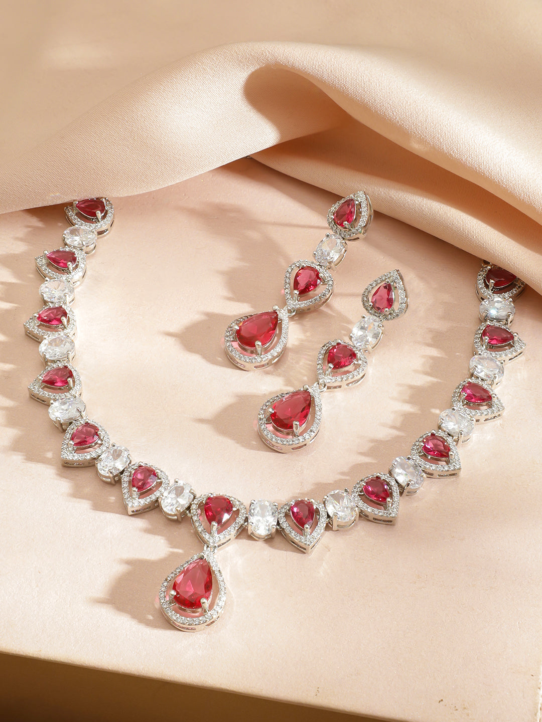 Ruby Drops American Diamond Zirconia Necklace Set フリーサイズ