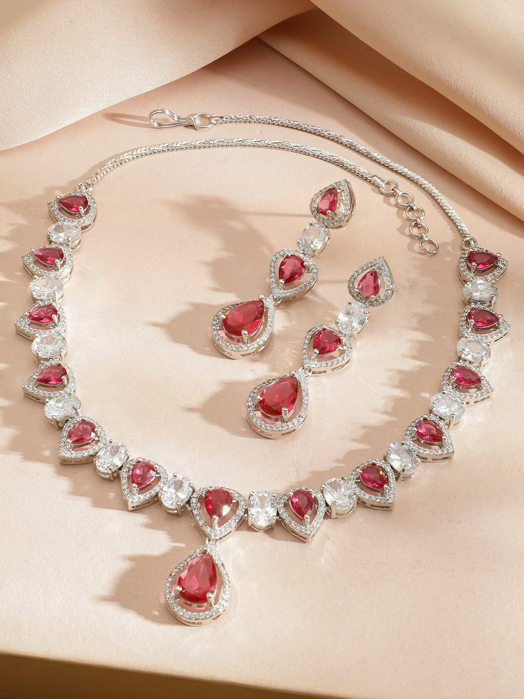 Ruby Drops American Diamond Zirconia Necklace Set フリーサイズ