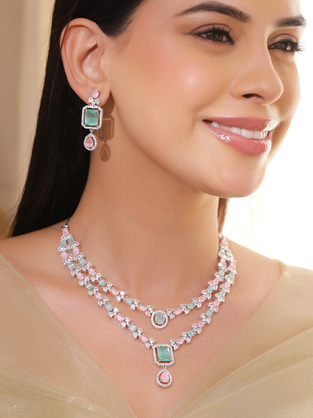 American Diamond Zirconia Pink & Green Necklaced Set フリーサイズ