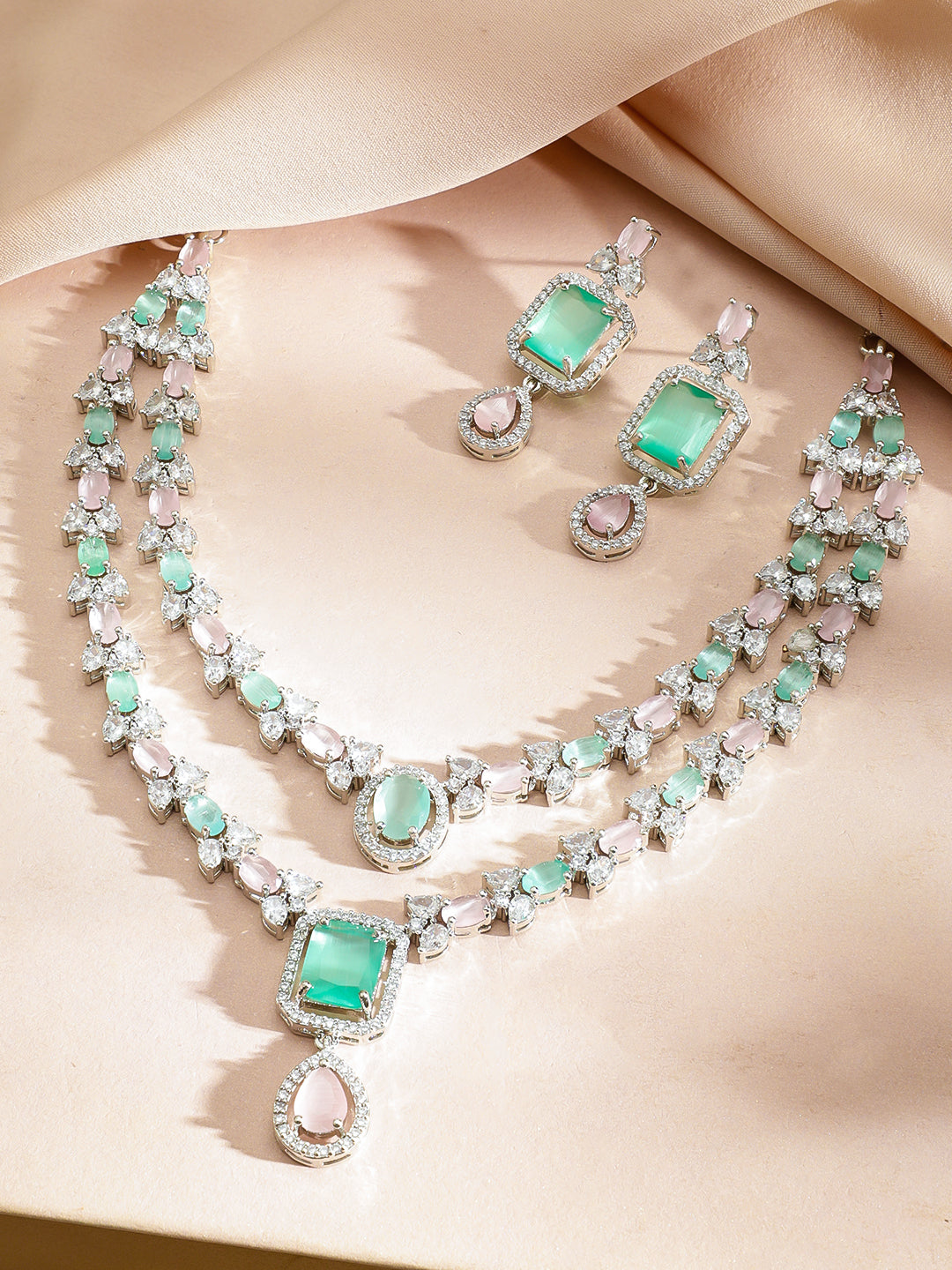 American Diamond Zirconia Pink & Green Necklaced Set フリーサイズ