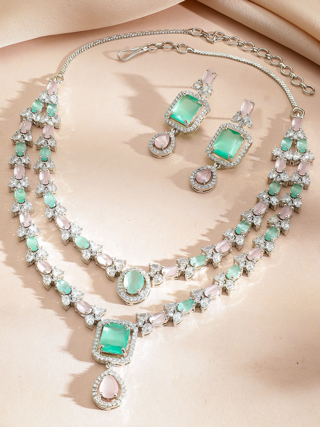 American Diamond Zirconia Pink & Green Necklaced Set フリーサイズ
