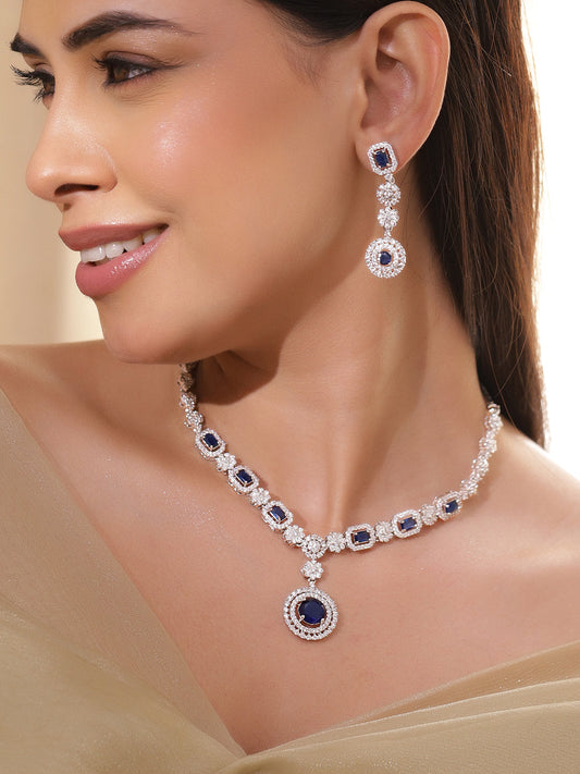 American Diamond Zirconia Floral Blue Necklace Set フリーサイズ