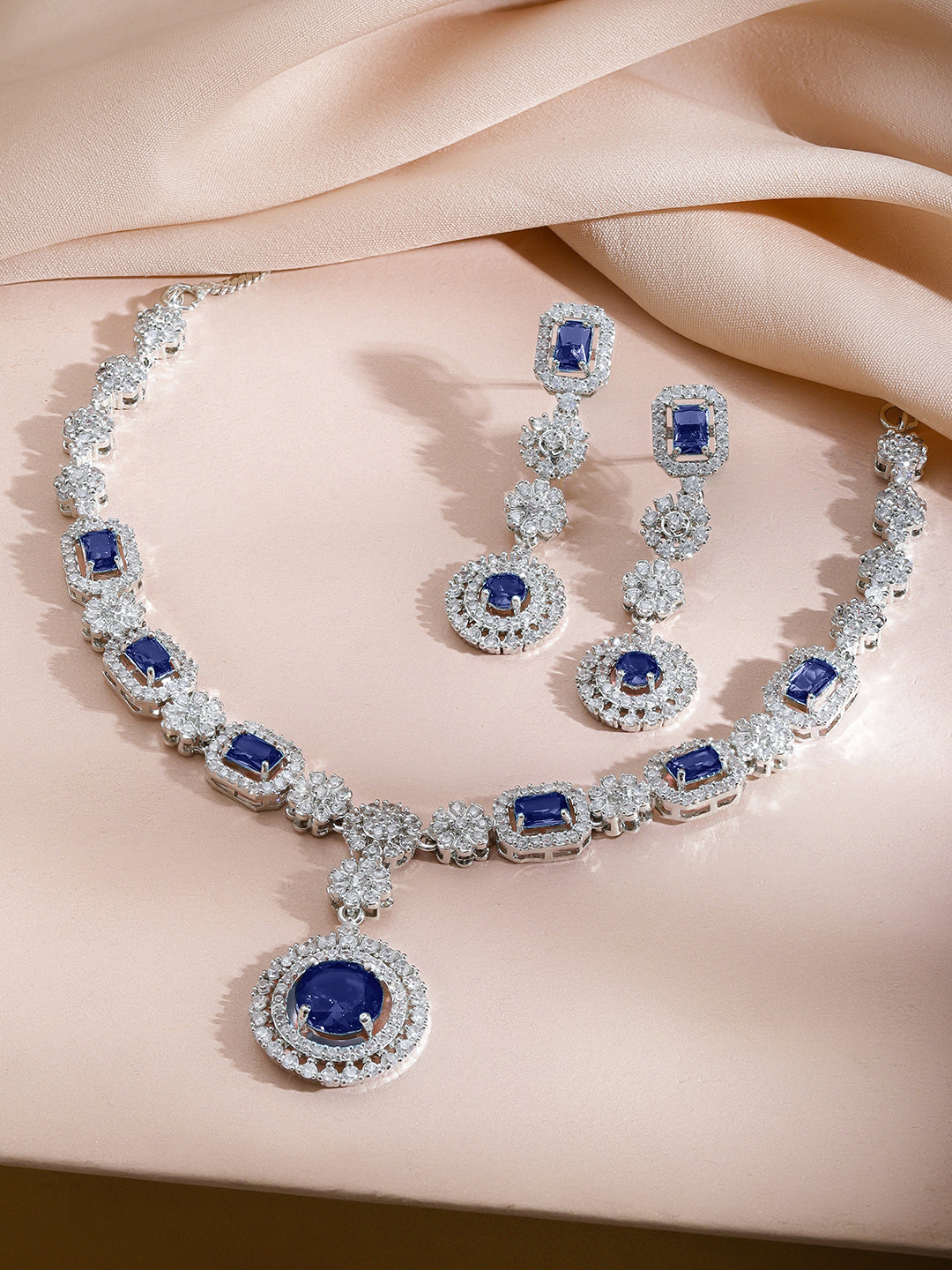 American Diamond Zirconia Floral Blue Necklace Set フリーサイズ