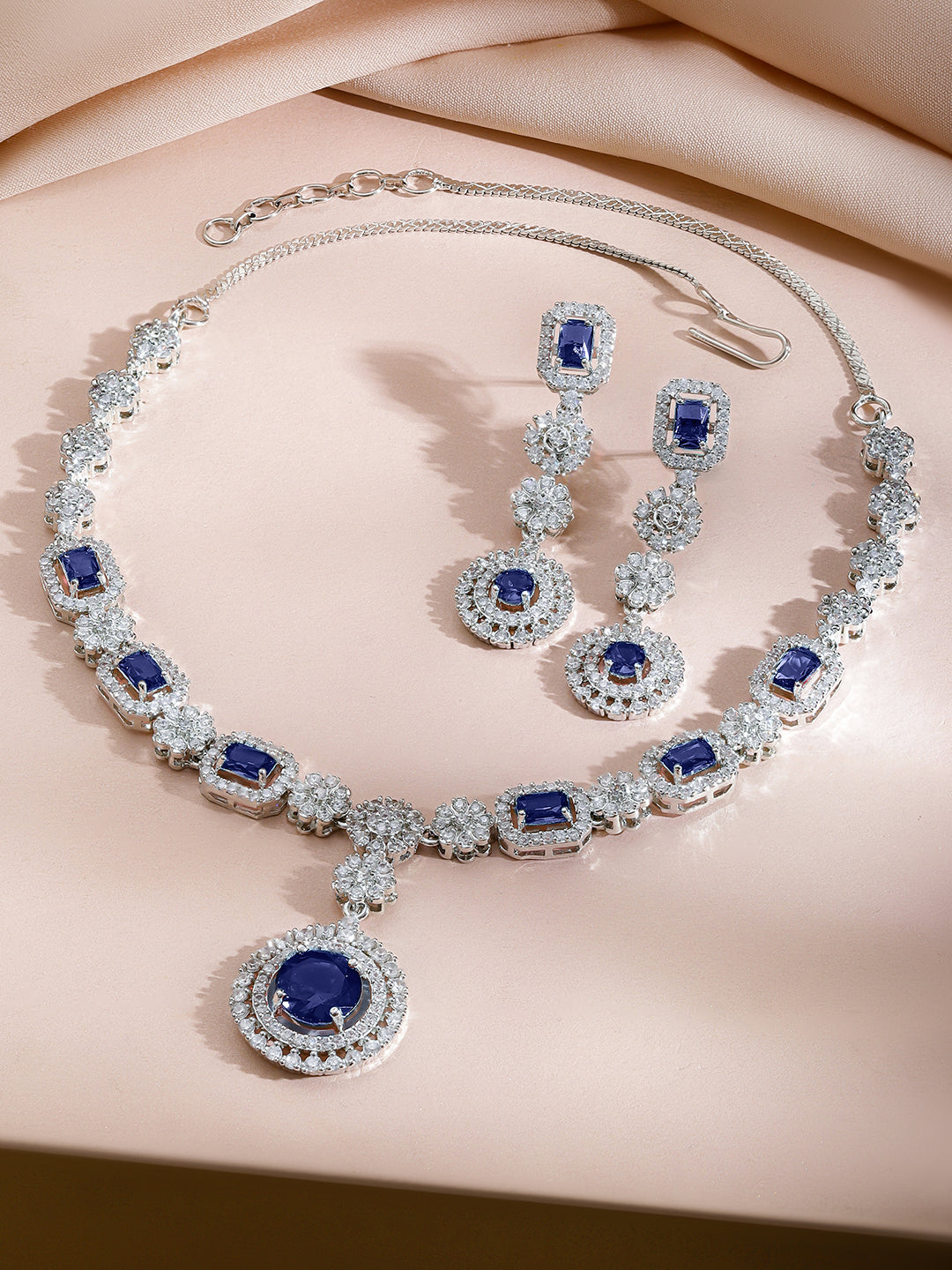 American Diamond Zirconia Floral Blue Necklace Set フリーサイズ