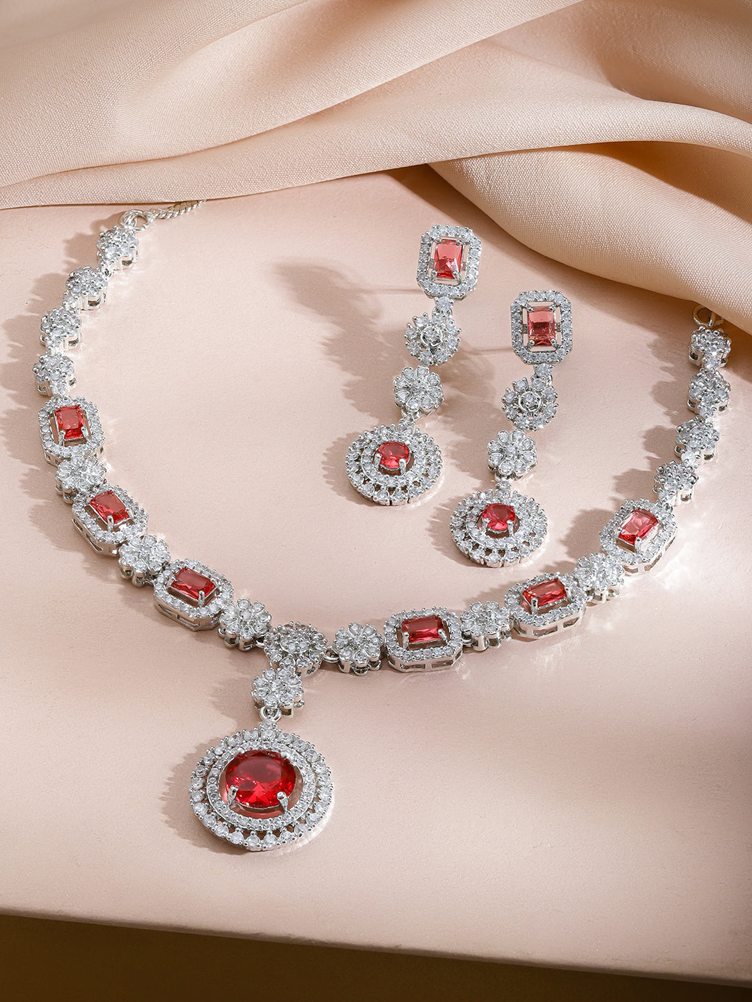 Red American Diamond Zirconia Floral Necklace Set フリーサイズ