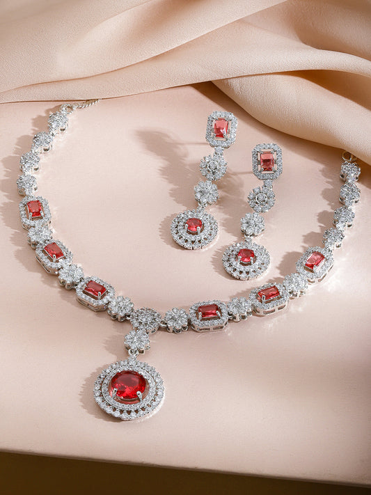 Red American Diamond Zirconia Floral Necklace Set フリーサイズ
