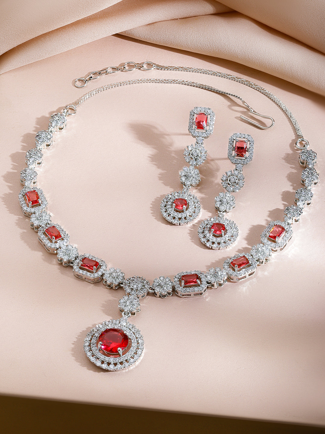 Red American Diamond Zirconia Floral Necklace Set フリーサイズ