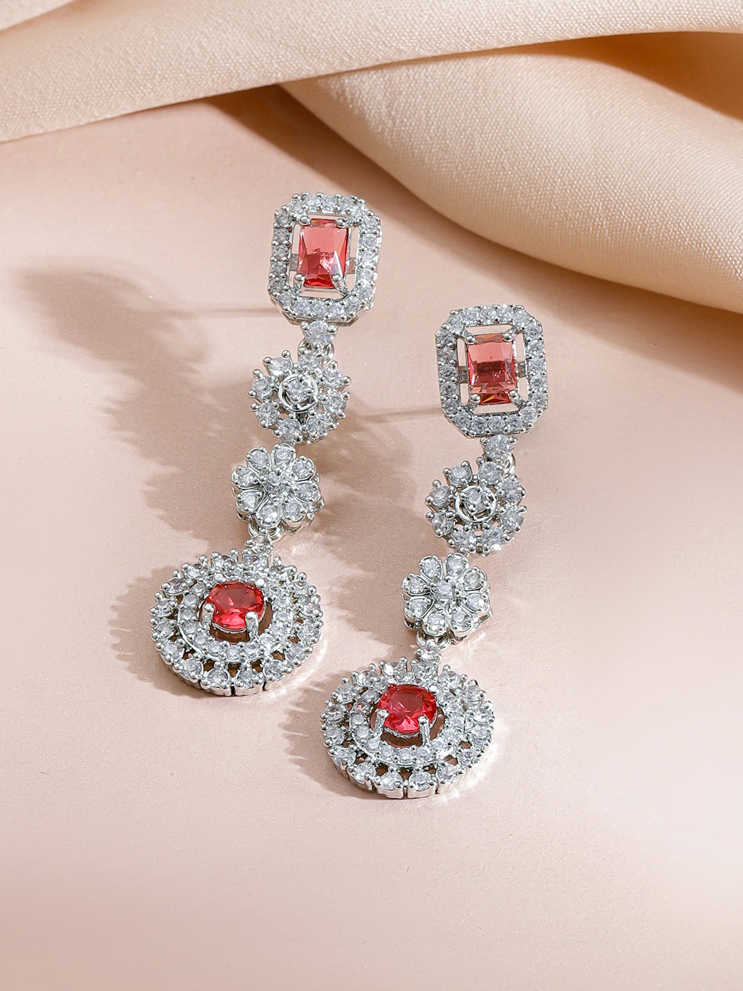 Red American Diamond Zirconia Floral Necklace Set フリーサイズ