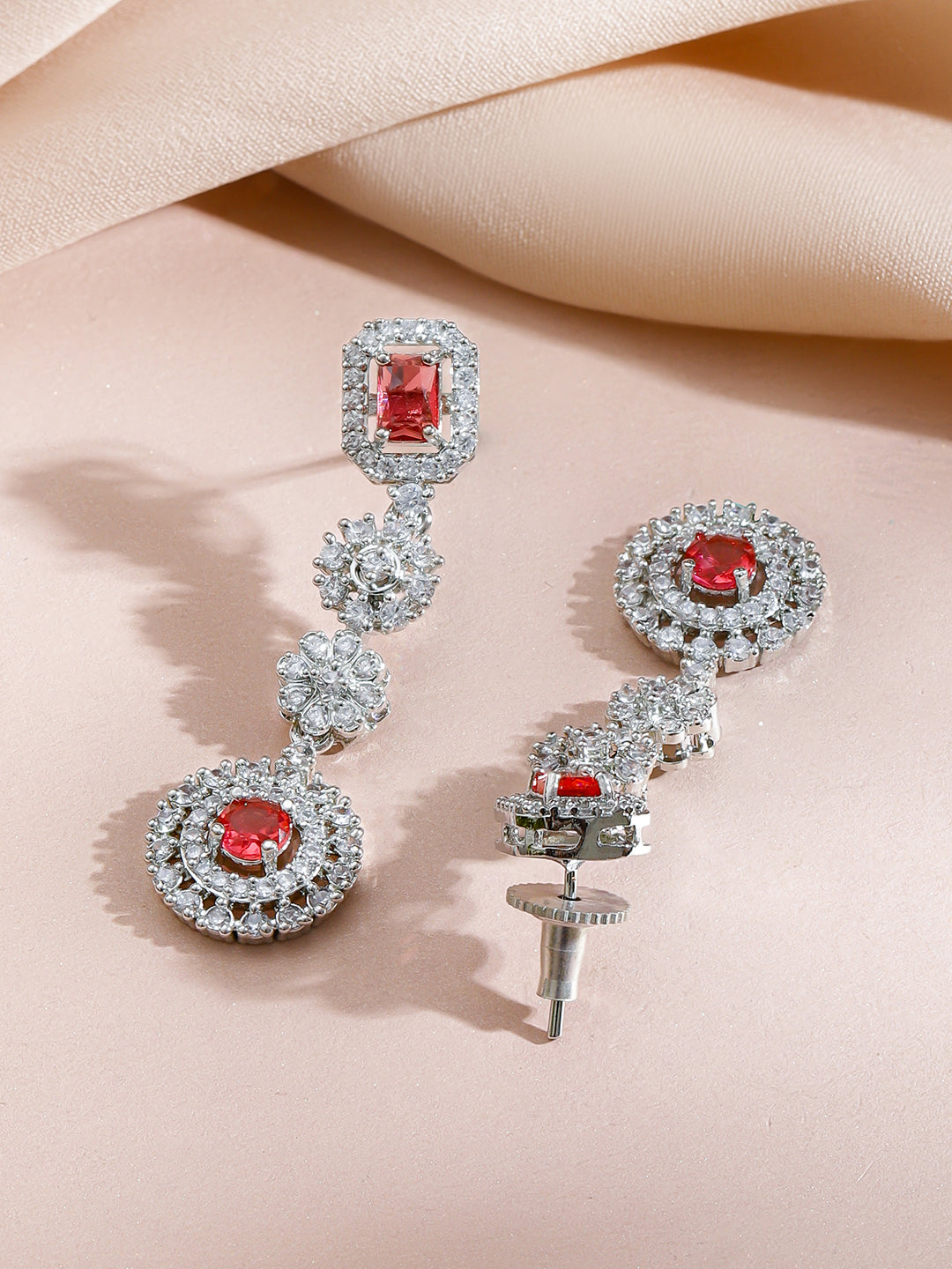 Red American Diamond Zirconia Floral Necklace Set フリーサイズ