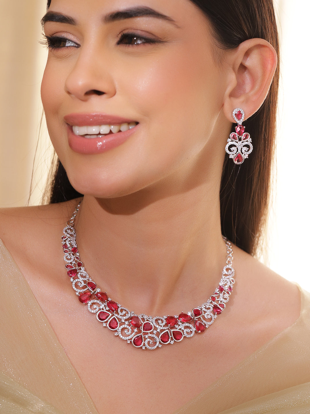Red American Diamond Zirconia Swirl Necklace Set フリーサイズ