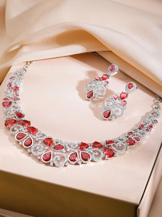 Red American Diamond Zirconia Swirl Necklace Set フリーサイズ