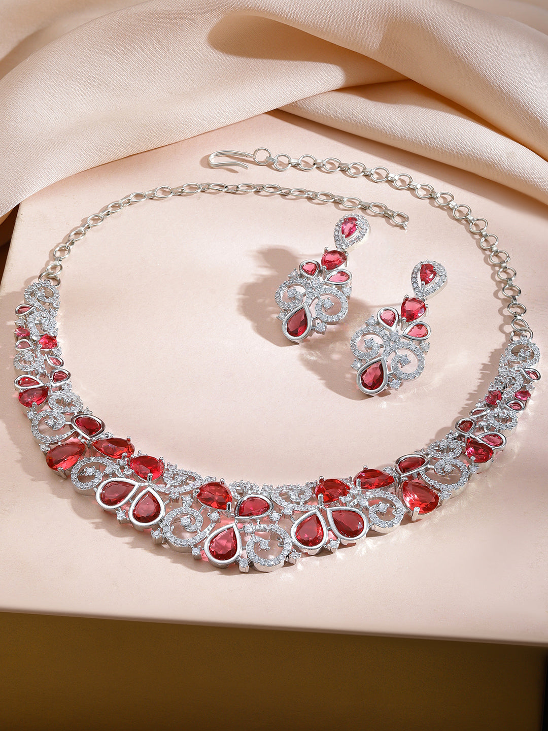 Red American Diamond Zirconia Swirl Necklace Set フリーサイズ