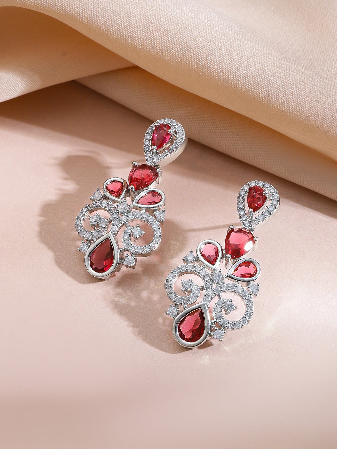 Red American Diamond Zirconia Swirl Necklace Set フリーサイズ