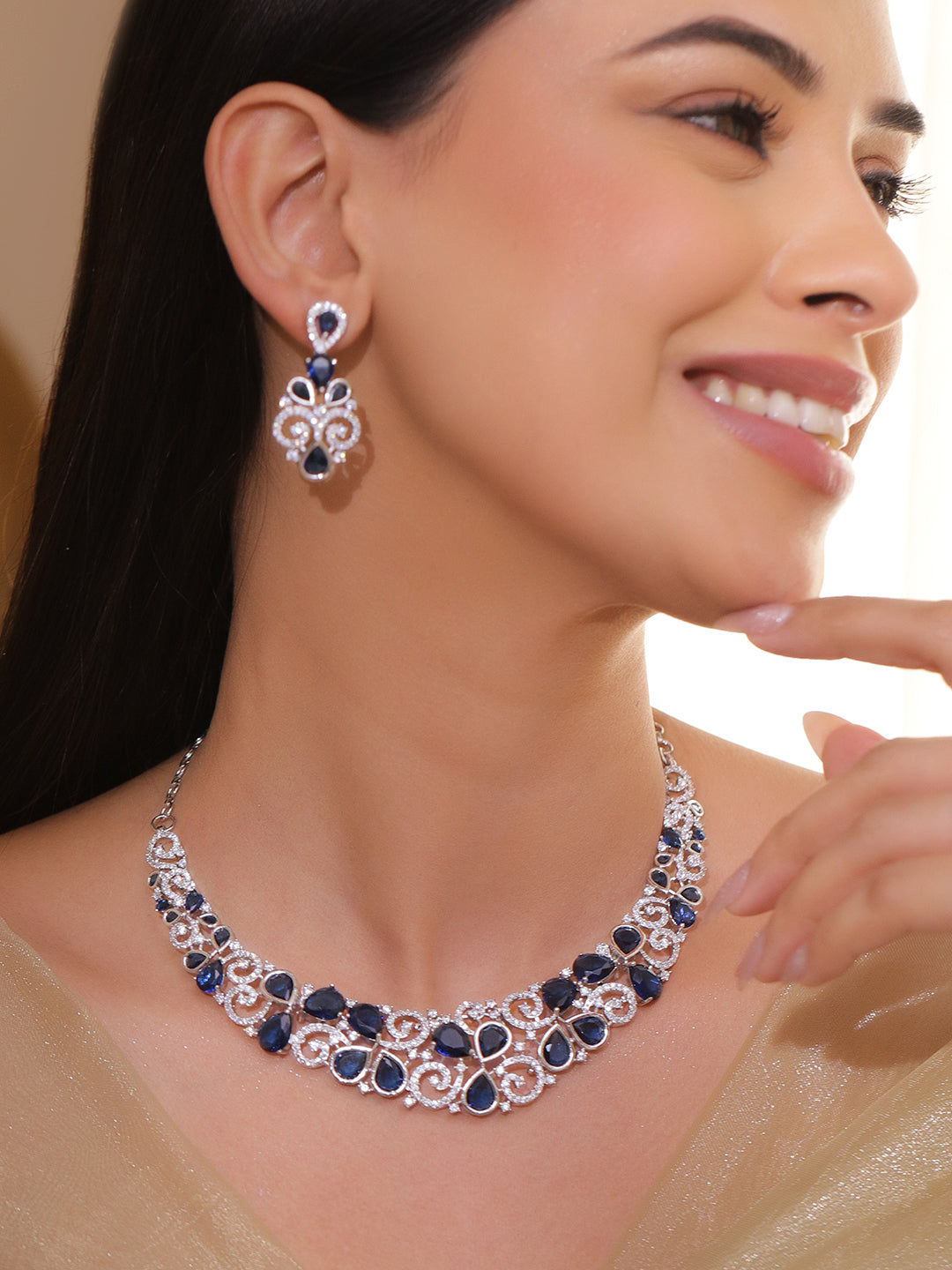 Blue American Diamond Zirconia Swirl Necklace Set フリーサイズ