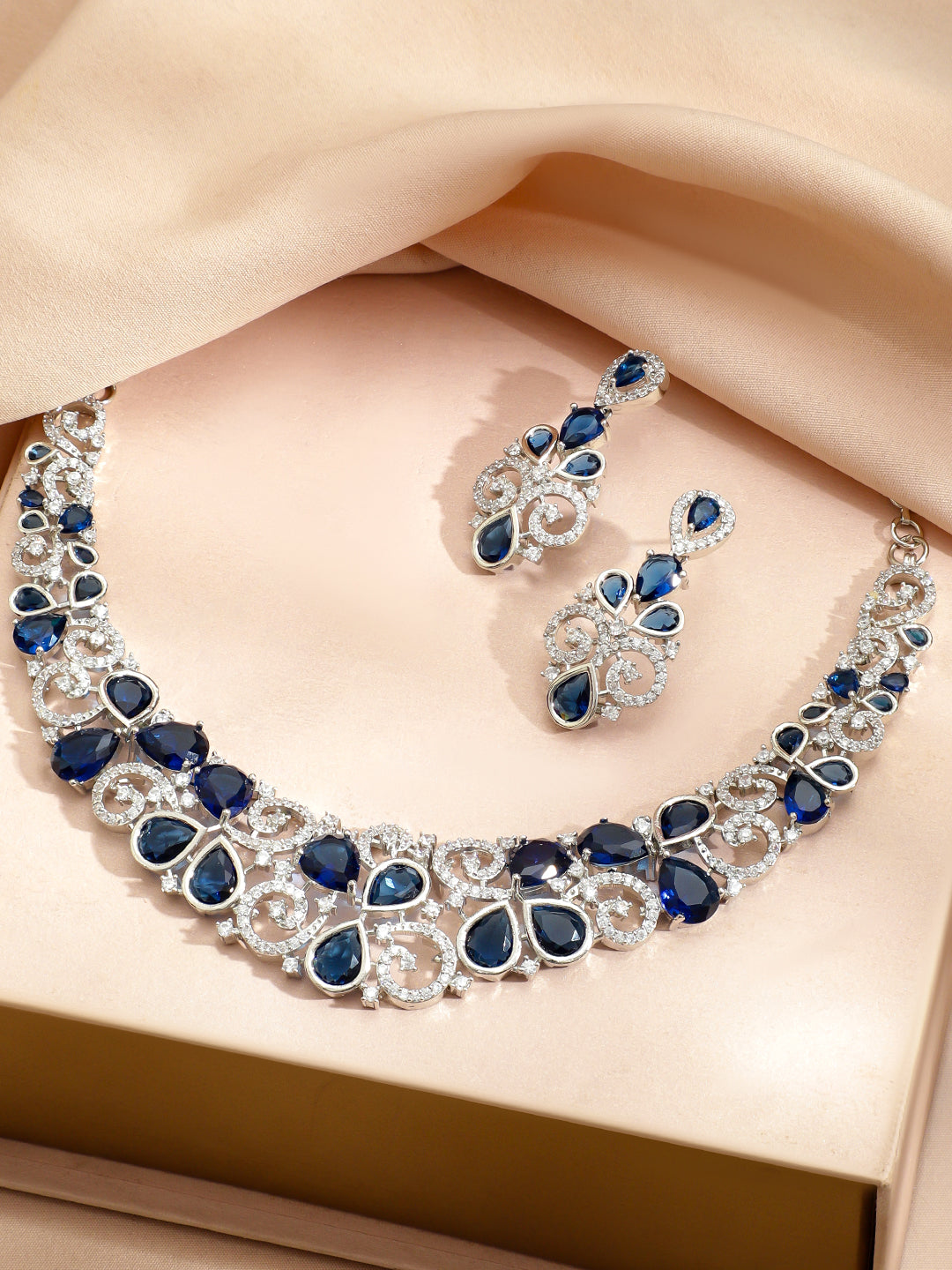 Blue American Diamond Zirconia Swirl Necklace Set フリーサイズ