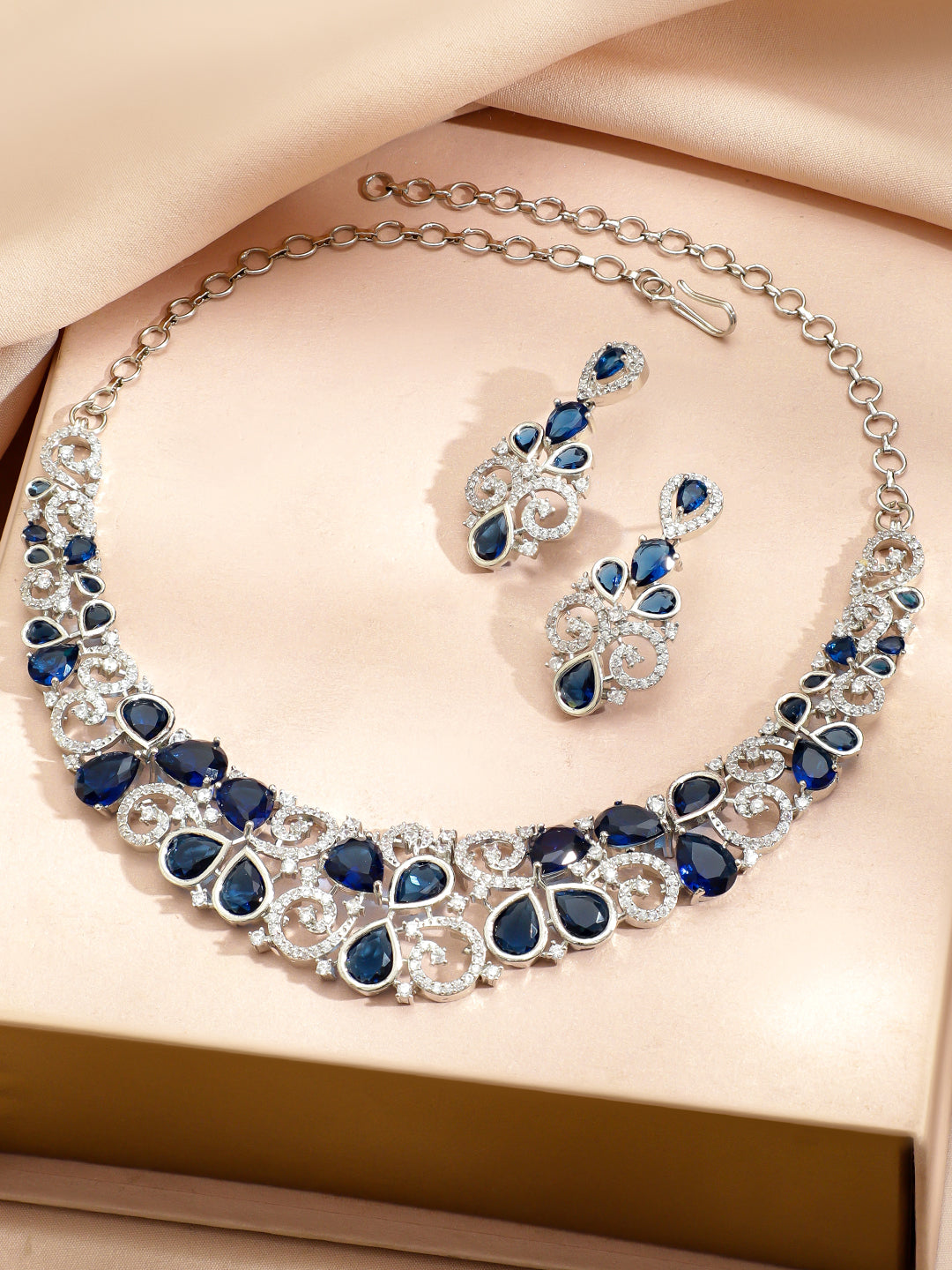 Blue American Diamond Zirconia Swirl Necklace Set フリーサイズ