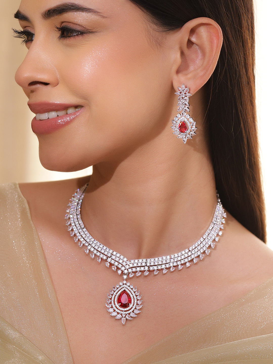 Ruby Studded Crystal Necklace Set フリーサイズ