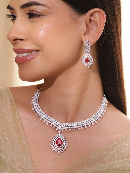 Ruby Studded Crystal Necklace Set フリーサイズ