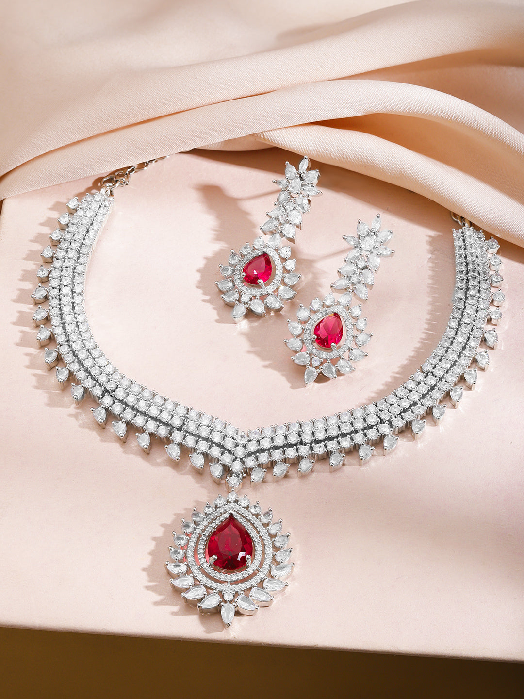 Ruby Studded Crystal Necklace Set フリーサイズ