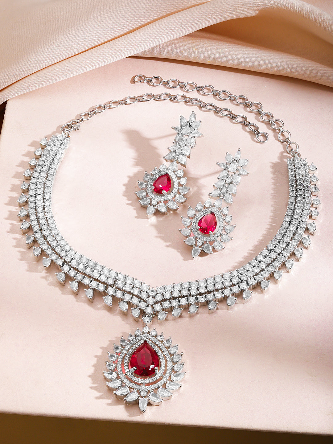Ruby Studded Crystal Necklace Set フリーサイズ