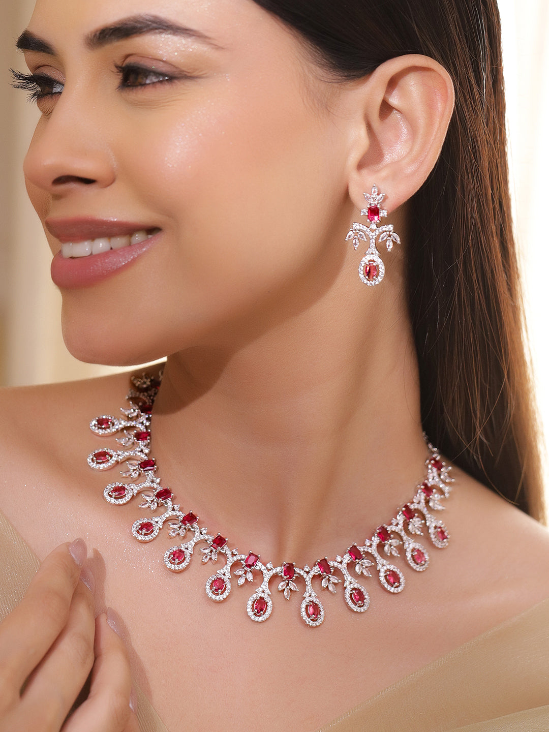 American Diamond Zirconia Pink Necklace Set フリーサイズ