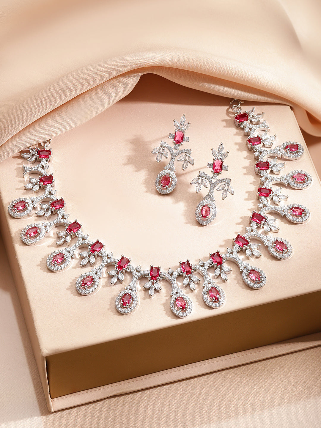 American Diamond Zirconia Pink Necklace Set フリーサイズ