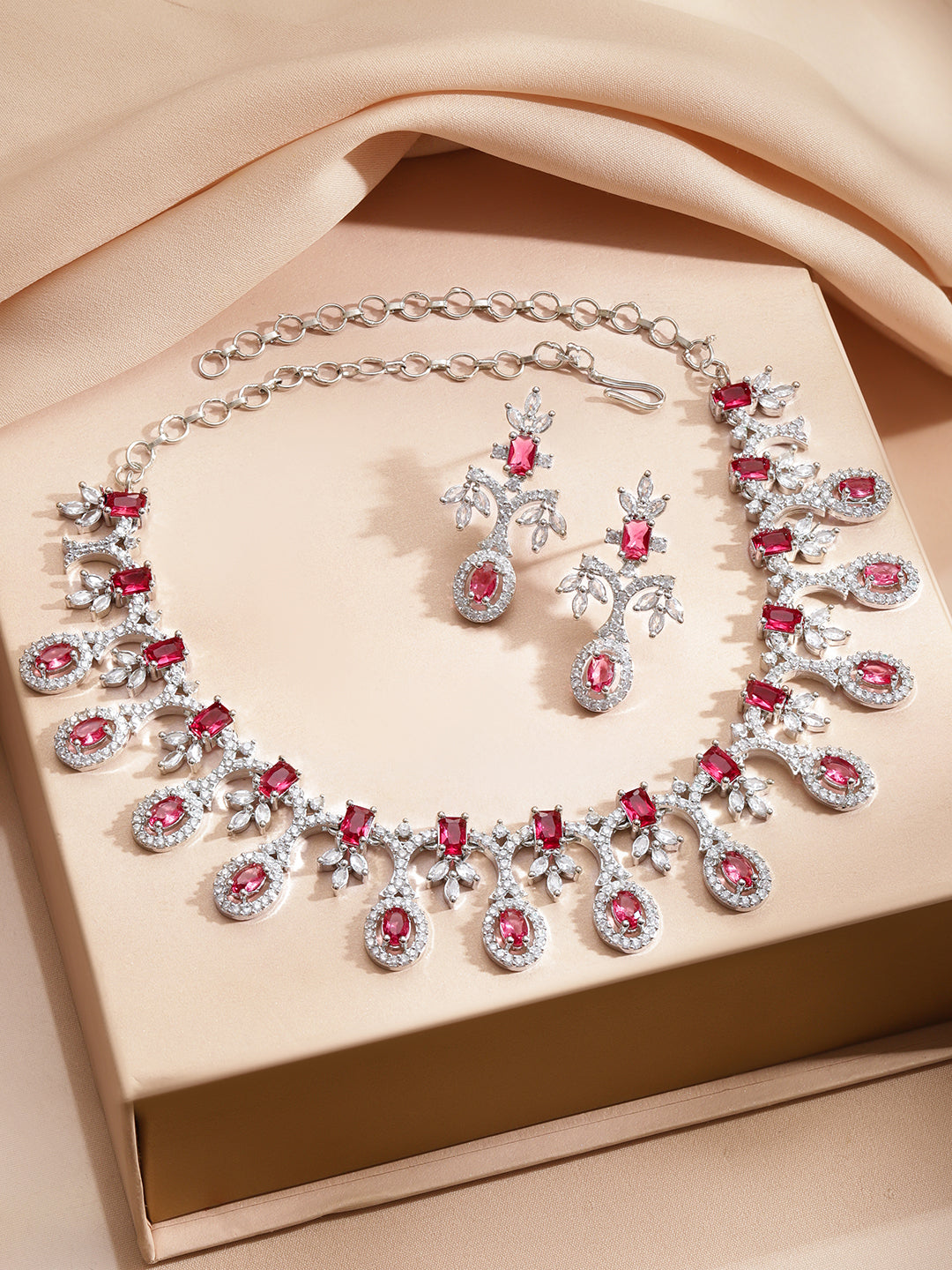 American Diamond Zirconia Pink Necklace Set フリーサイズ