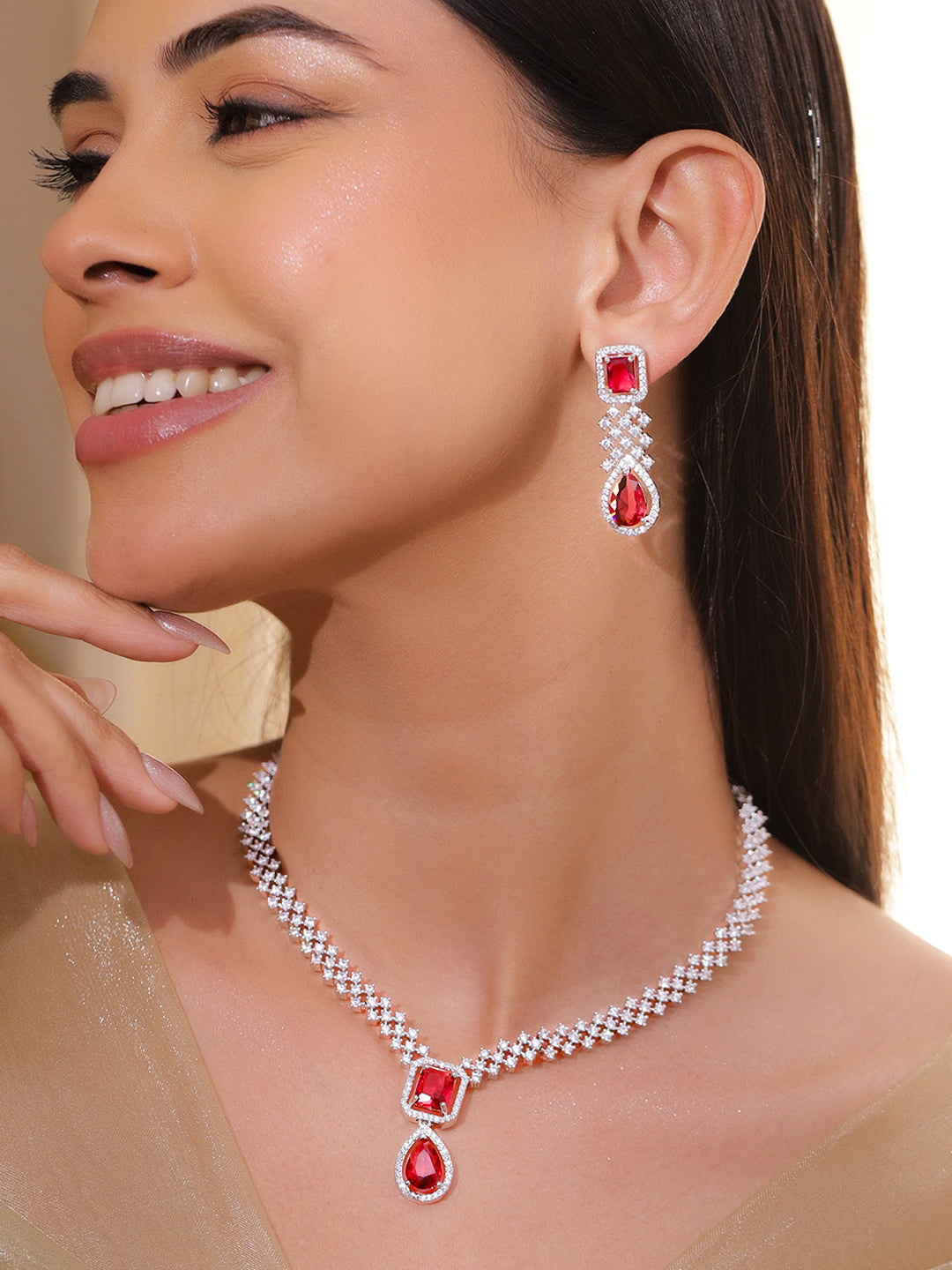 American Diamond Zirconia Ruby Accented Necklace Set フリーサイズ