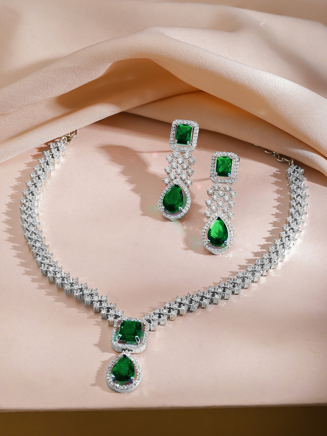 American Diamond Zirconia Green Drop Necklace Set フリーサイズ