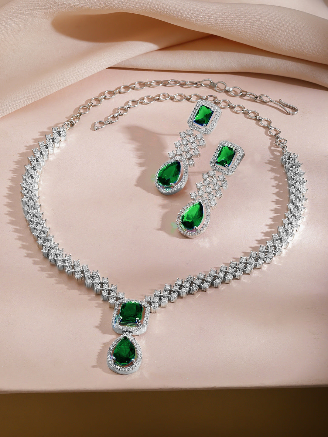 American Diamond Zirconia Green Drop Necklace Set フリーサイズ