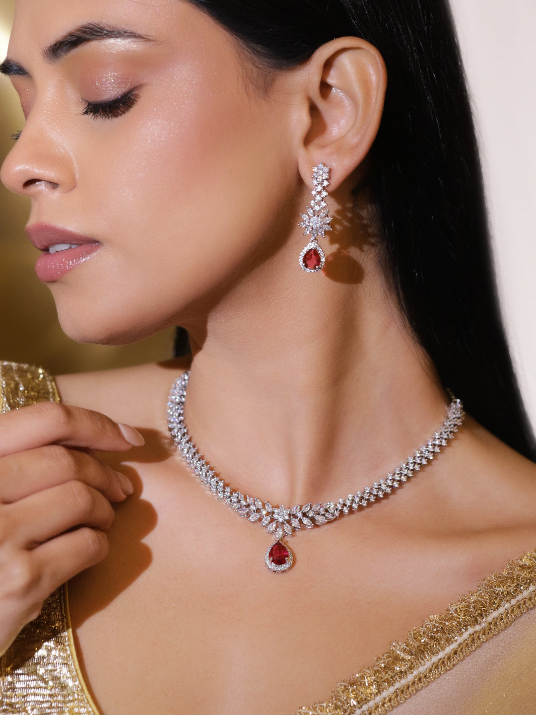 Red Teardrop American Diamond Zirconia Necklace Set フリーサイズ
