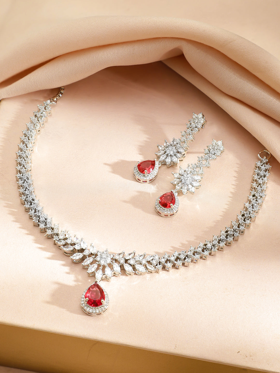 Red Teardrop American Diamond Zirconia Necklace Set フリーサイズ