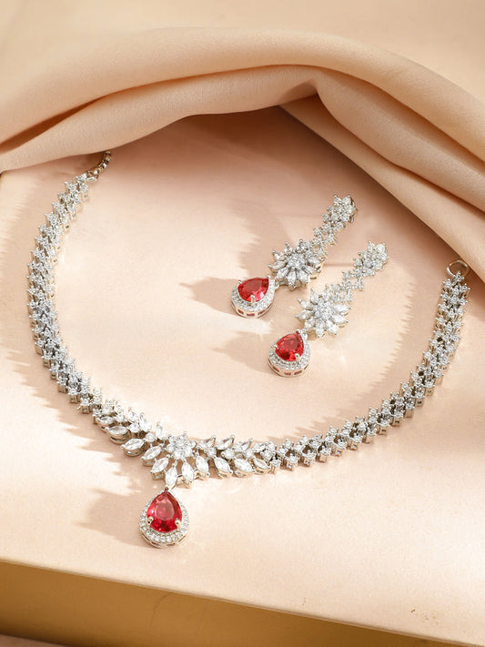 Red Teardrop American Diamond Zirconia Necklace Set フリーサイズ