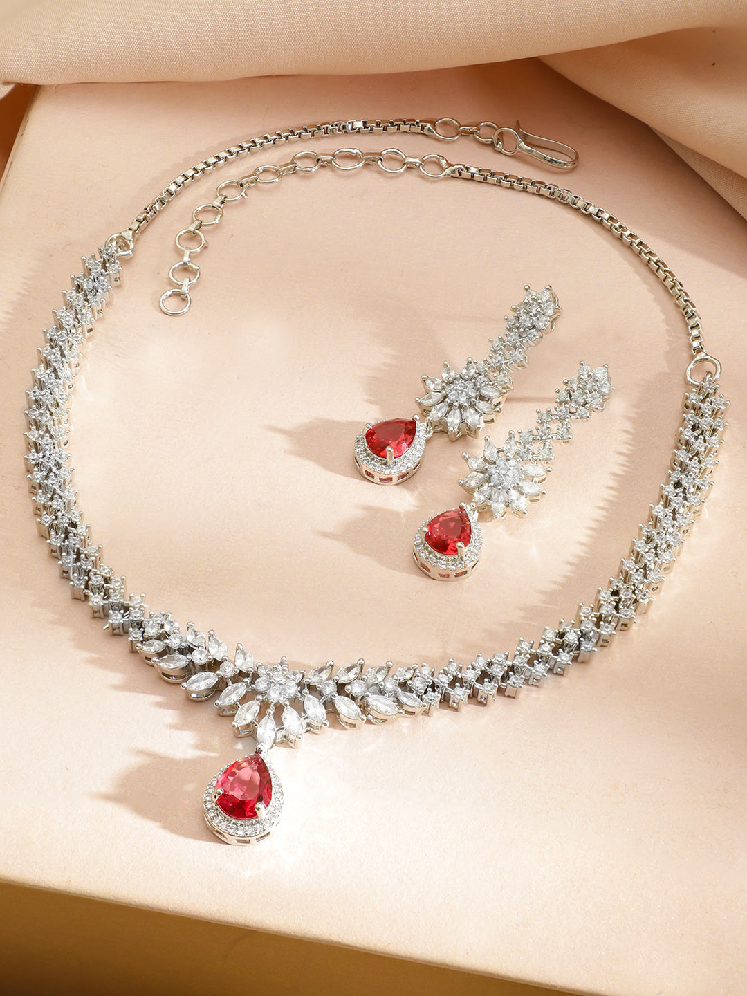 Red Teardrop American Diamond Zirconia Necklace Set フリーサイズ