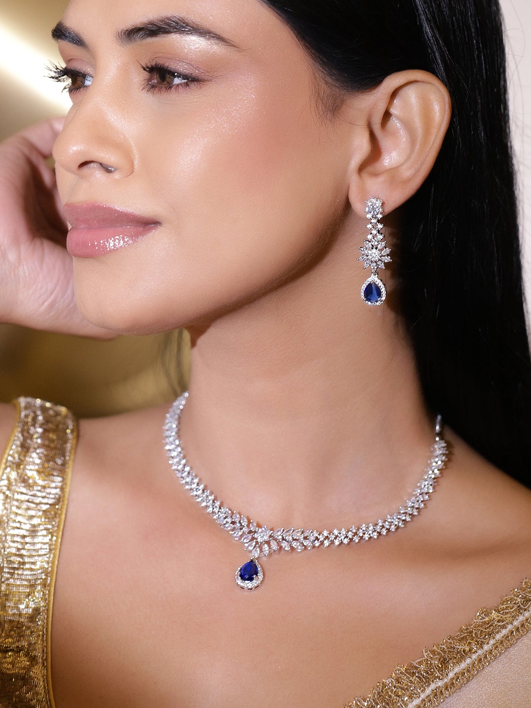 American Diamond Zirconia Necklace Set With Blue Sapphire フリーサイズ