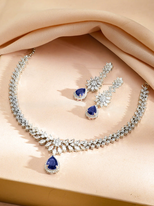 American Diamond Zirconia Necklace Set With Blue Sapphire フリーサイズ
