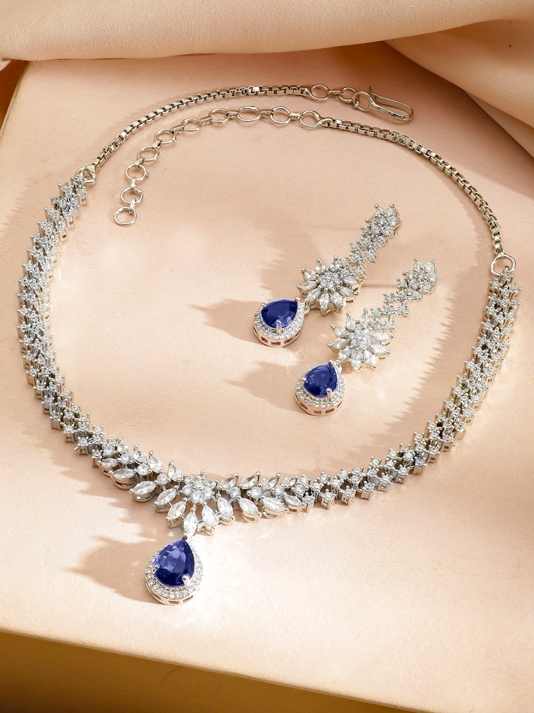 American Diamond Zirconia Necklace Set With Blue Sapphire フリーサイズ