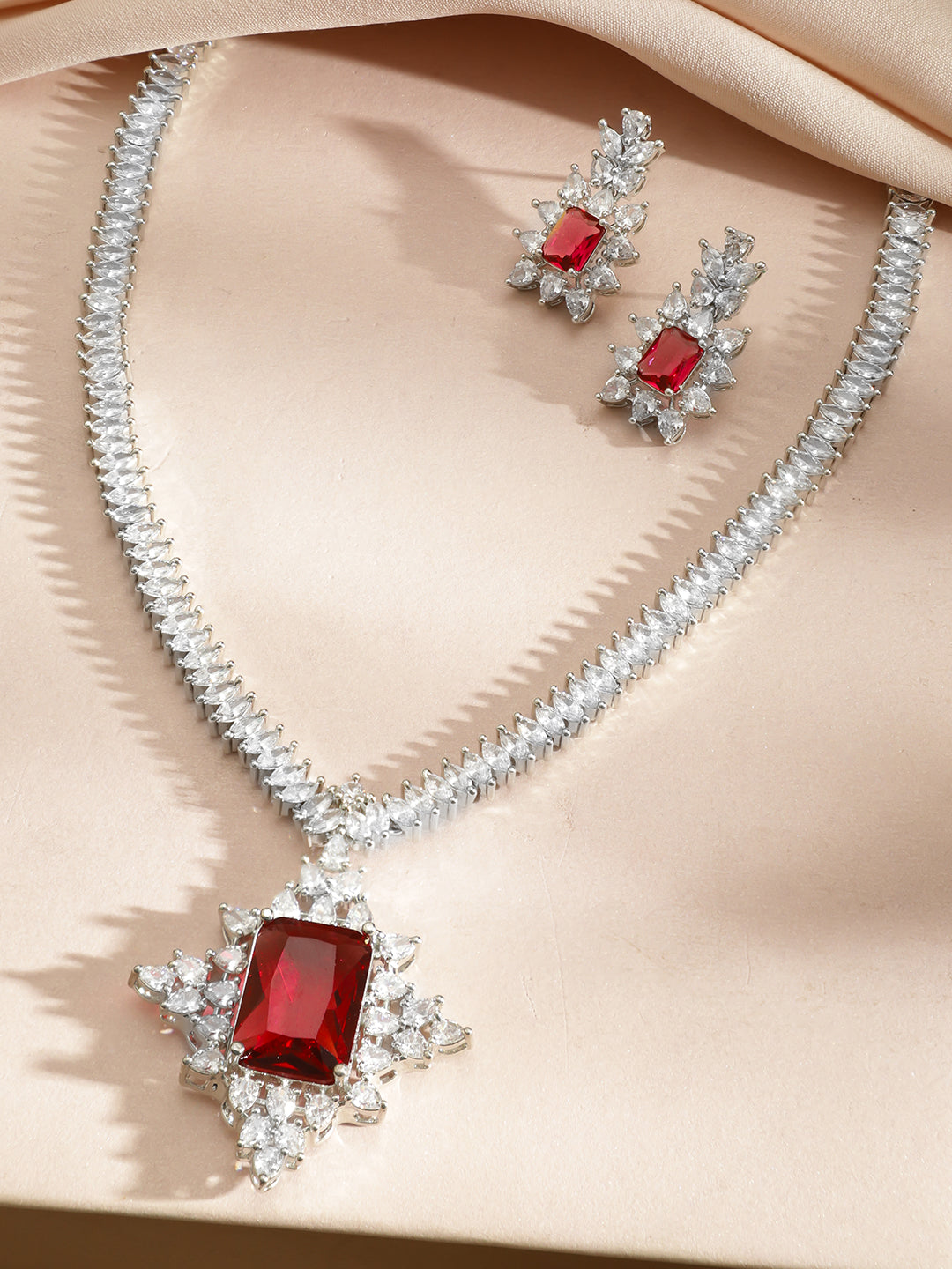 American Diamond Zirconia Red Cubic Necklace Set フリーサイズ