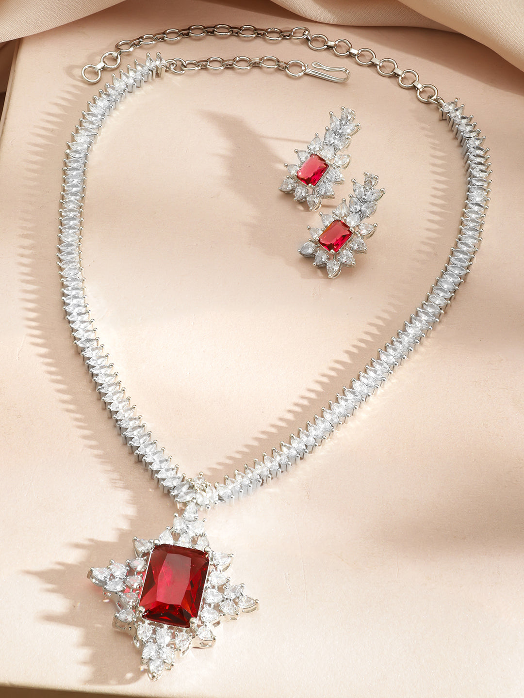 American Diamond Zirconia Red Cubic Necklace Set フリーサイズ