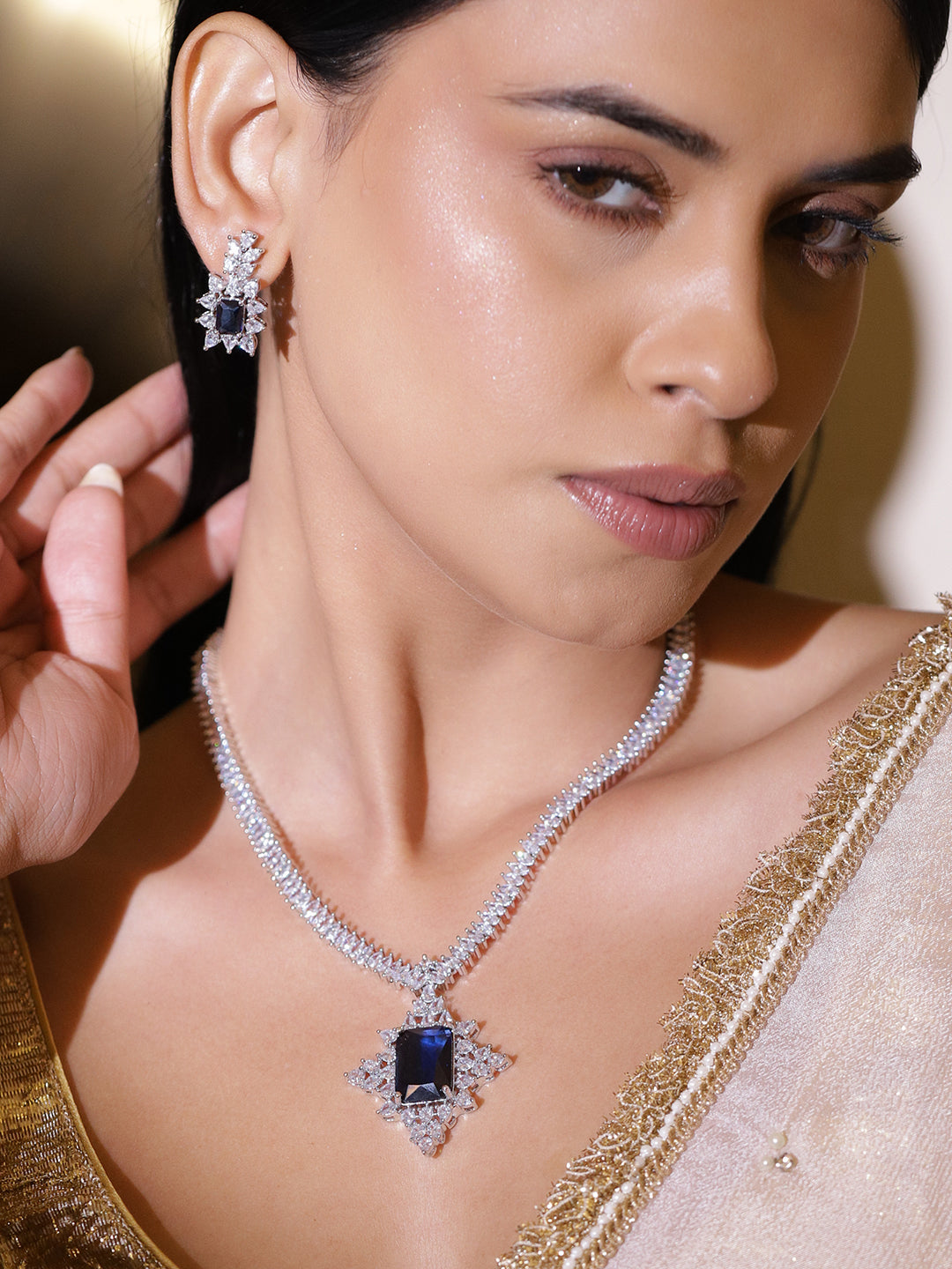 Blue American Diamond Zirconia Necklace Set フリーサイズ