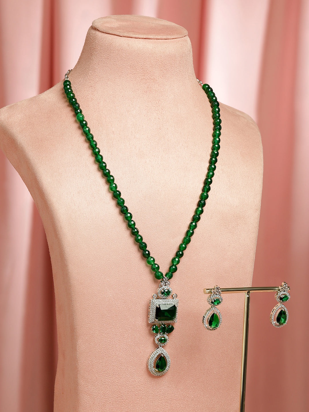 Emerald American Diamond Zirconia Green Beaded Necklace Set フリーサイズ