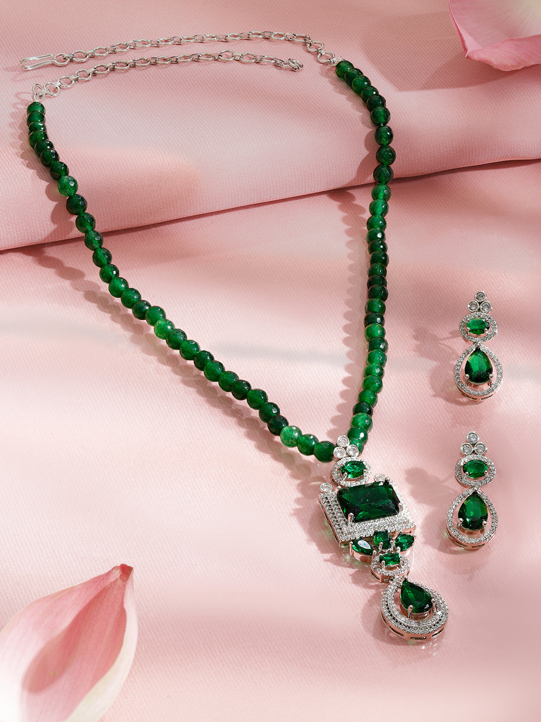 Emerald American Diamond Zirconia Green Beaded Necklace Set フリーサイズ