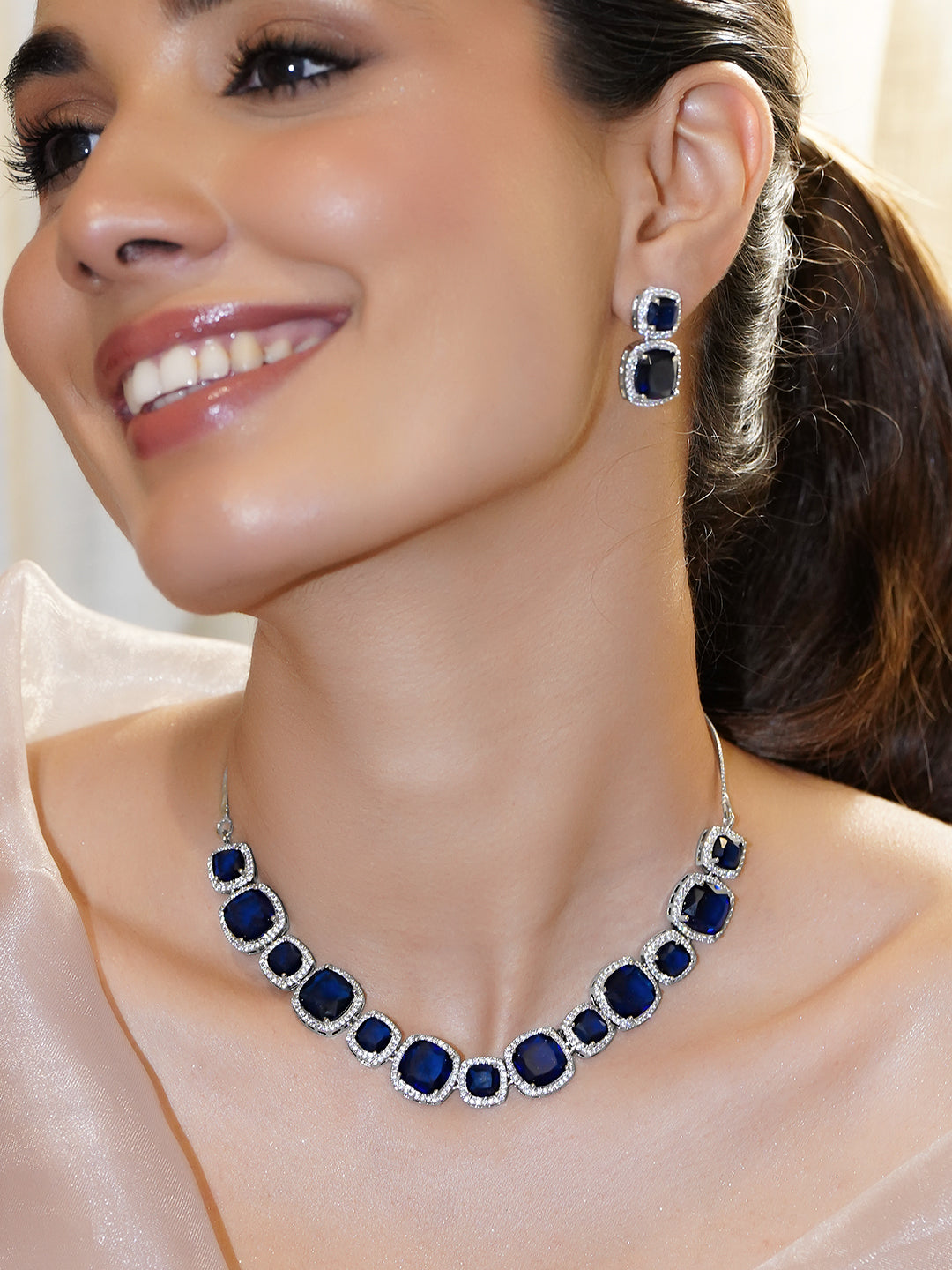 Blue Crystal Cut Short Necklace Set フリーサイズ