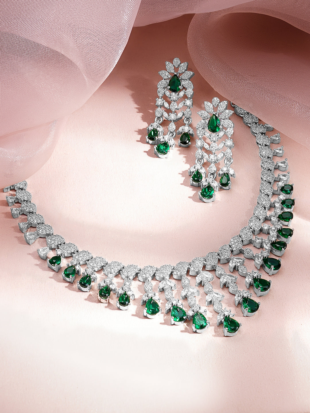 Green Teardrop American Diamond Zirconia Necklace Set フリーサイズ