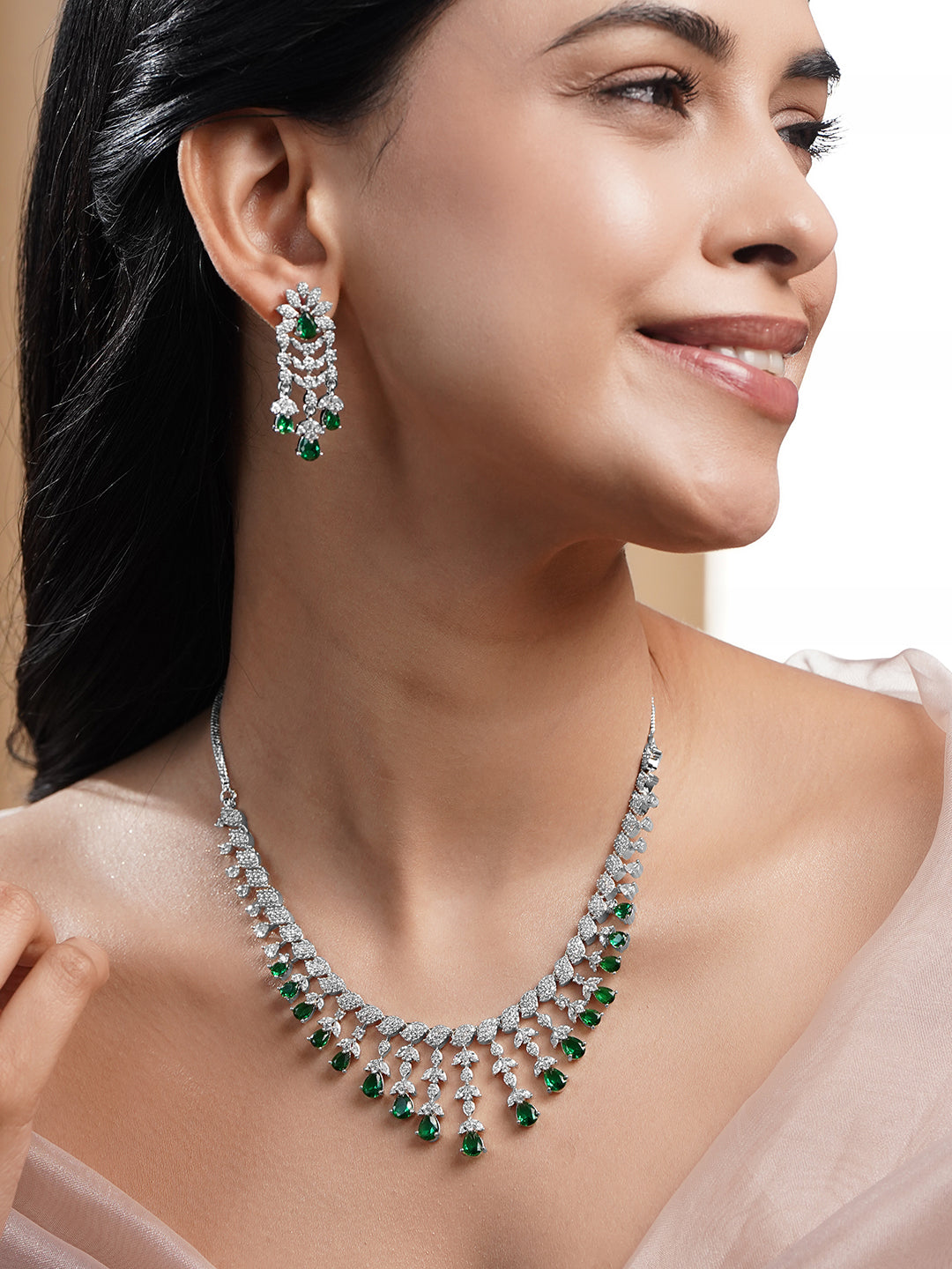 Green Teardrop American Diamond Zirconia Necklace Set フリーサイズ