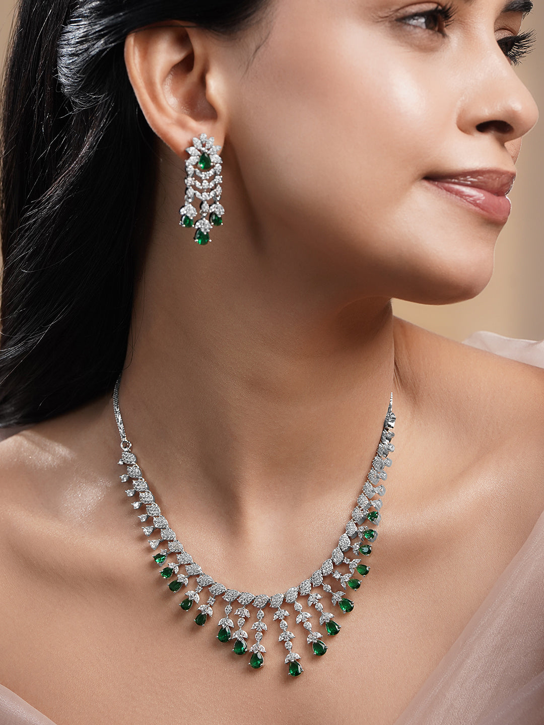 Green Teardrop American Diamond Zirconia Necklace Set フリーサイズ