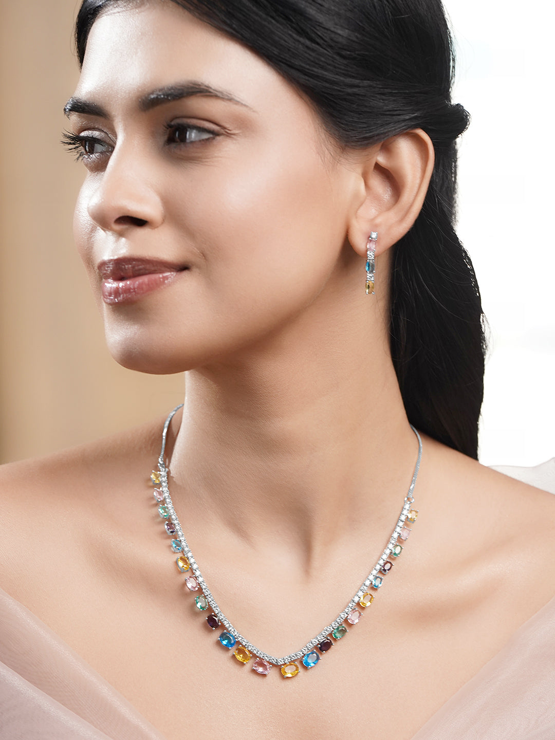 【Rubans】 Rhodium Plated American Diamond Zirconia Multicolor Necklace Set｜ロジウムメッキ アメリカンダイヤモンド マルチカラー ネックレスセット